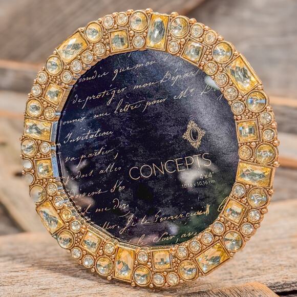 Vintage Concepts Round Gold-Toned Picture Frame w/ Rhinestones-Holds 4"x4" Photo - Picture 1 of 8